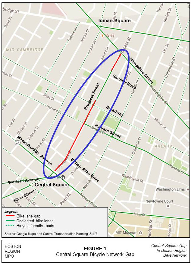 Figure 1 – Map of the gap in the Boston region bicycle network at Central Square in Cambridge.